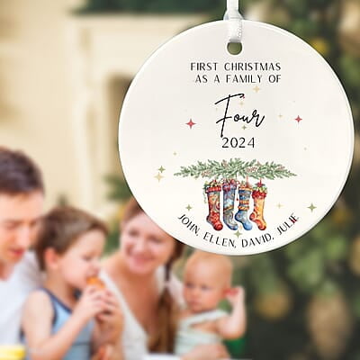 Family of 4 First Christmas 3, Personalized 2024 Custom Ceramic Ornament Heirloom Keepsake, Adoption Family of 4 First Christmas 3, Personalized 2024 Custom Ceramic Ornament Heirloom Keepsake, Adoption