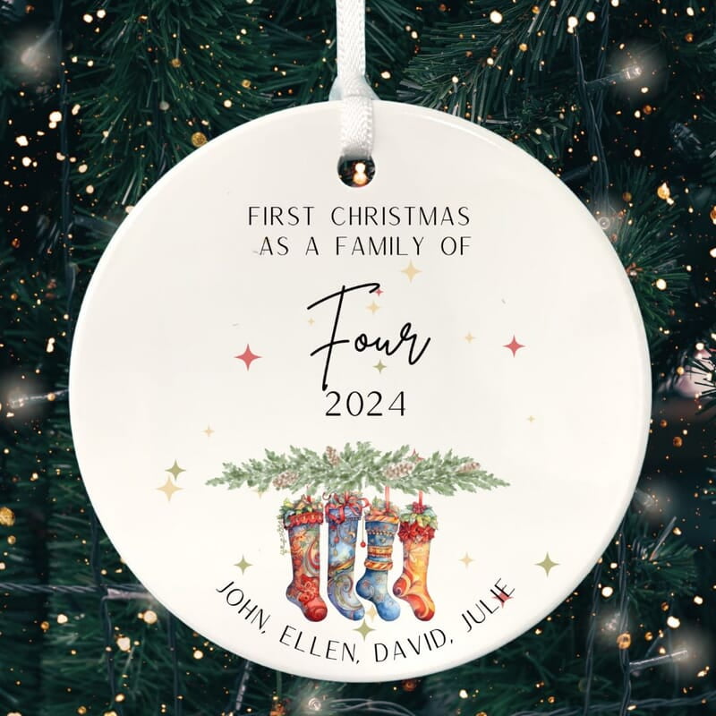 Family of 4 First Christmas 3, Personalized 2024 Custom Ceramic Ornament Heirloom Keepsake, Adoption Family of 4 First Christmas 3, Personalized 2024 Custom Ceramic Ornament Heirloom Keepsake, Adoption
