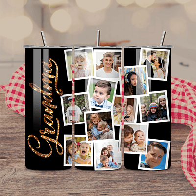 Custom Grandma 20 oz Photo Tumbler – Glam Black & Gold with 13 Photo Slots Custom Grandma 20 oz Photo Tumbler – Glam Black & Gold with 13 Photo Slots