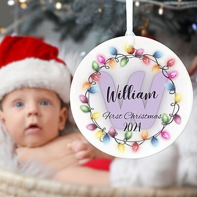 Personalized Baby Alphabet Ceramic Ornament, 2024 1st Christmas Quality Keepsake, Custom Girl and Boy Gift, Christmas Lights Monogram Personalized Baby Alphabet Ceramic Ornament, 2024 1st Christmas Quality Keepsake, Custom Girl and Boy Gift, Christmas Lights Monogram