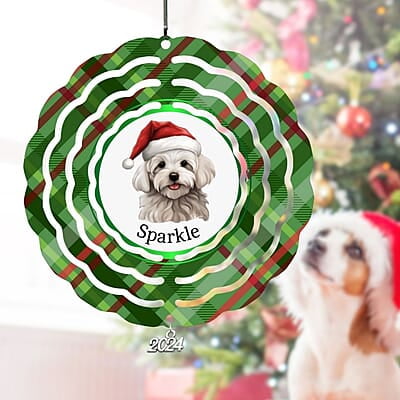 Breeds Starting with M-O Dog in Santa Hat Personalized 4" Wind Spinner Ornament, Pet Parent Gift Breeds Starting with M-O Dog in Santa Hat Personalized 4" Wind Spinner Ornament, Pet Parent Gift