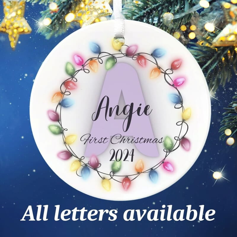 Personalized Baby Alphabet Ceramic Ornament, 2024 1st Christmas Quality Keepsake, Custom Girl and Boy Gift, Christmas Lights Monogram Personalized Baby Alphabet Ceramic Ornament, 2024 1st Christmas Quality Keepsake, Custom Girl and Boy Gift, Christmas Lights Monogram