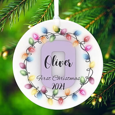 Personalized Baby Alphabet Ceramic Ornament, 2024 1st Christmas Quality Keepsake, Custom Girl and Boy Gift, Christmas Lights Monogram Personalized Baby Alphabet Ceramic Ornament, 2024 1st Christmas Quality Keepsake, Custom Girl and Boy Gift, Christmas Lights Monogram