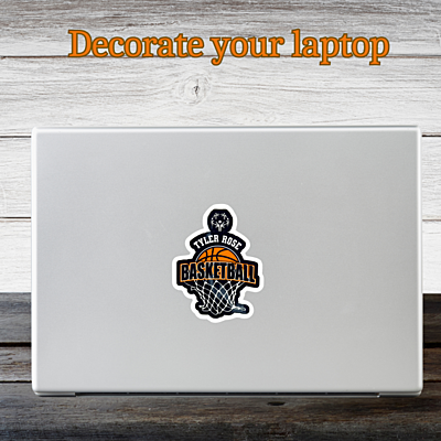 Custom Vinyl Waterproof Stickers – Tyler Rose Special Olympics Basketball Fundraiser on laptop Custom Vinyl Waterproof Stickers – Tyler Rose Special Olympics Basketball Fundraiser on laptop