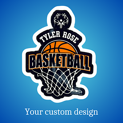 Custom Vinyl Waterproof Stickers – Tyler Rose Special Olympics Basketball Fundraiser Front view Custom Vinyl Waterproof Stickers – Tyler Rose Special Olympics Basketball Fundraiser Front view