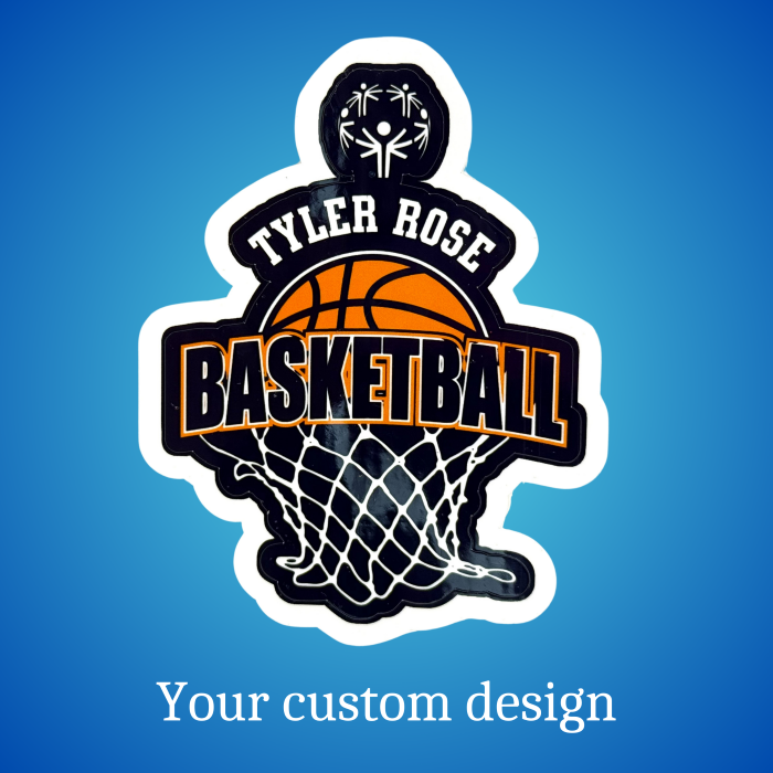 Custom Vinyl Waterproof Stickers – Tyler Rose Special Olympics Basketball Fundraiser Front view Custom Vinyl Waterproof Stickers – Tyler Rose Special Olympics Basketball Fundraiser Front view