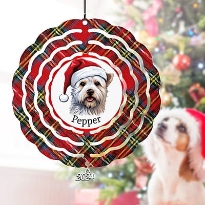 Breeds Starting with T-Y Dog in Santa Hat Personalized 4" Wind Spinner Ornament Pet Parent Gift Breeds Starting with T-Y Dog in Santa Hat Personalized 4" Wind Spinner Ornament Pet Parent Gift
